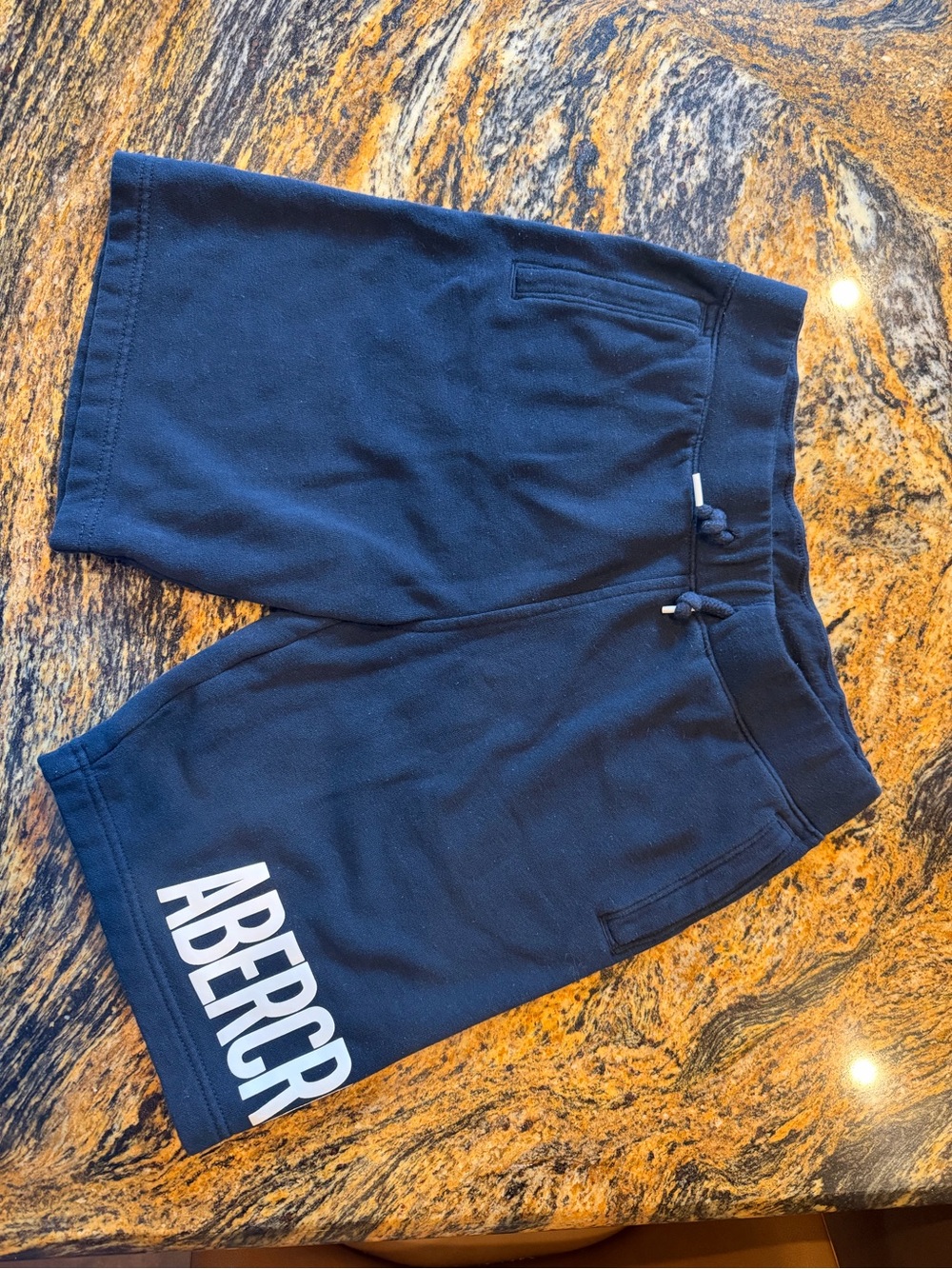 abercrombie kids navy fleece shorts with white logo
